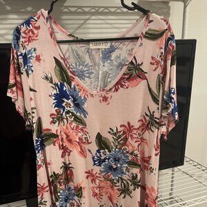 Ladies Larace Short Sleeve Tunic Top- Pink Floral- Large